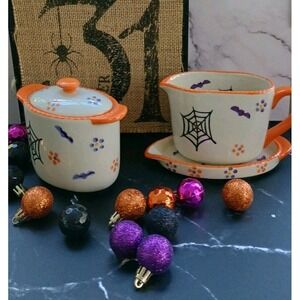 Temptations By Tara Halloween Sugar with Lid & Creamer On Plate Boofetti Pattern